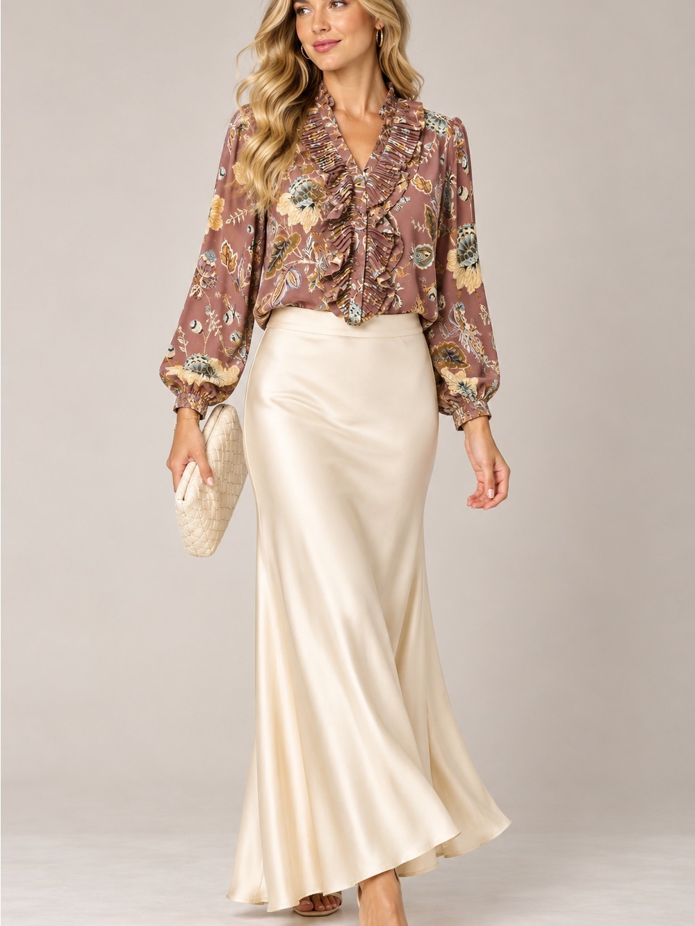 Chico's Floral Ruffle V-Neck Blouse in plum and Mustard